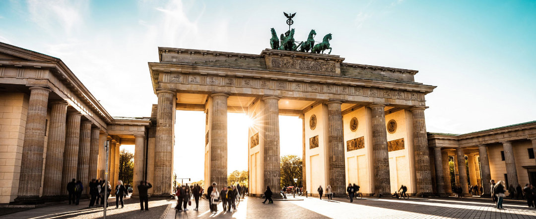 Front view of the Brandenburg Gate in Berlin.
