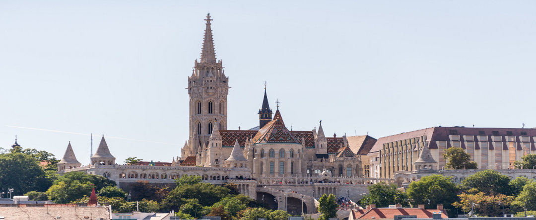 The Fishermen's Bastion in Budapest, a viewpoint on Buda Hill on the west bank of the Danube.  ...