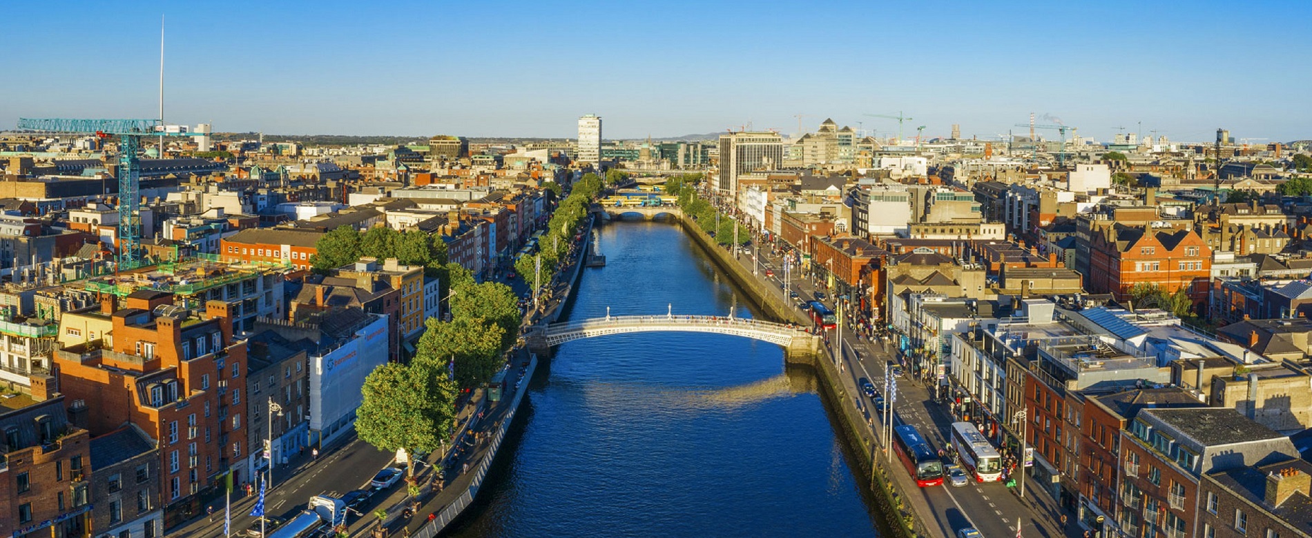 Aerial view of Dublin city centre with the River Liffey.
