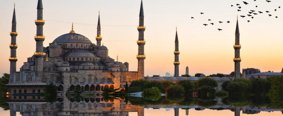 View of Istanbul's Blue Mosque with its six minarets.