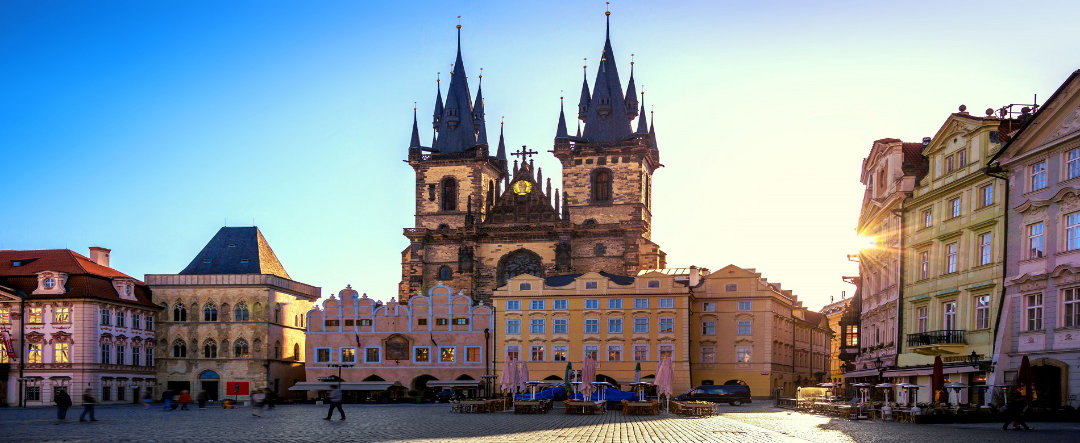 The Gothic towers of the Church of our Lady before Týn in the Old Town Square in Prague.